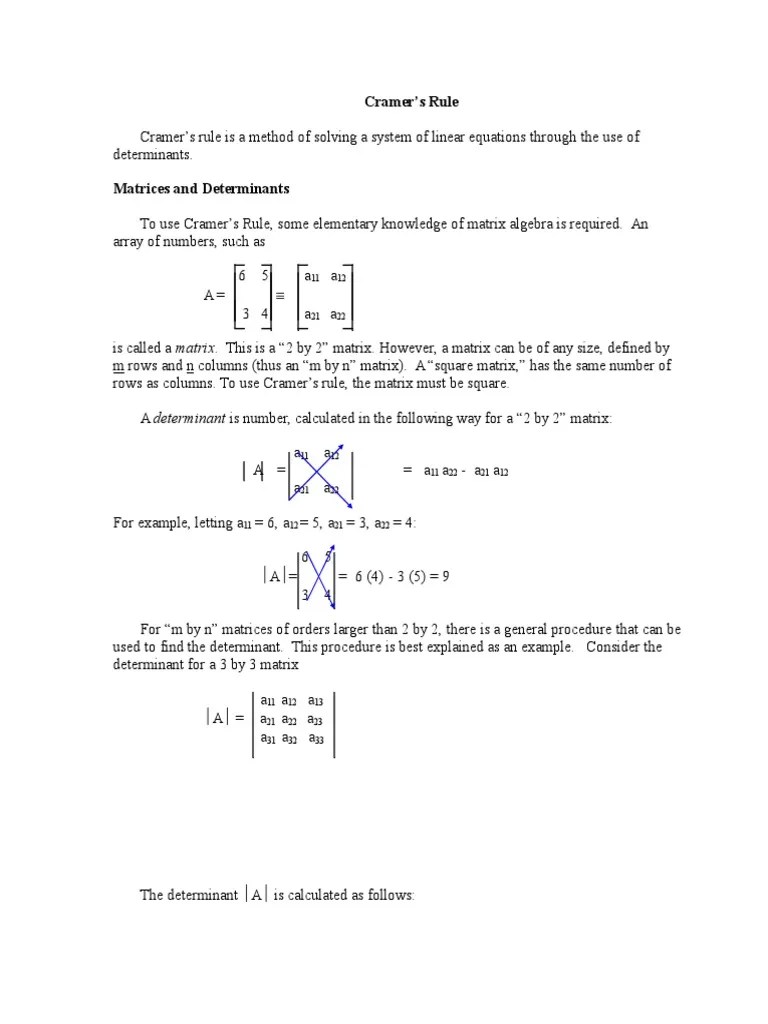 Handout Cramer's Rule PDF System Of Linear Equations Matrix