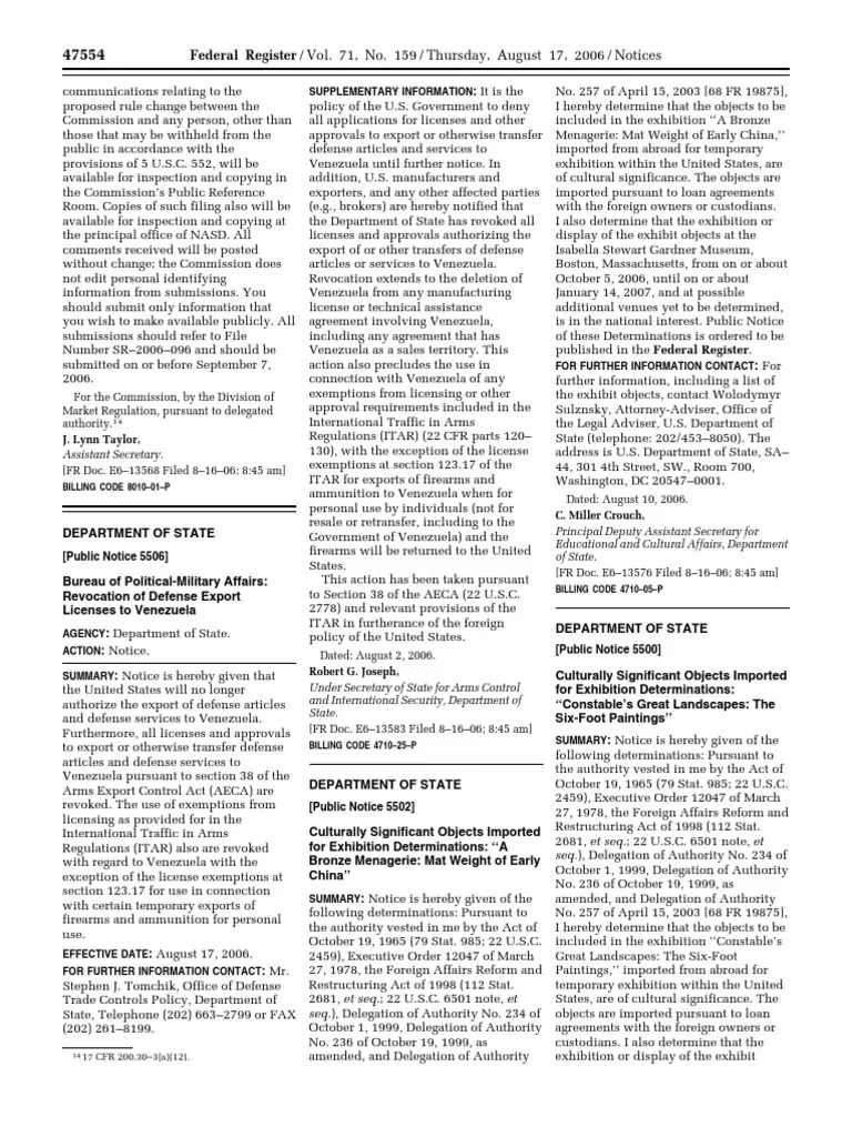 Notice Arms Export Control Act Venezuela Defense Export Licenses