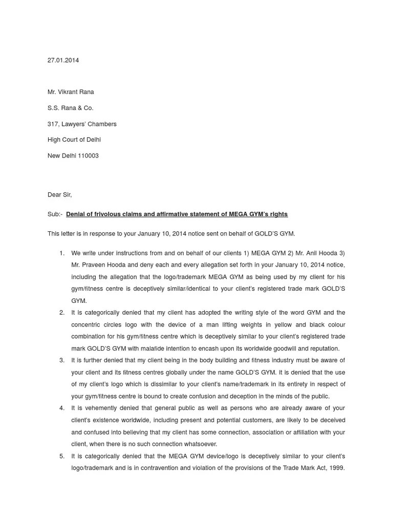GOLD GYM Reply to Cease and Desist Notice Trademark Civil Law