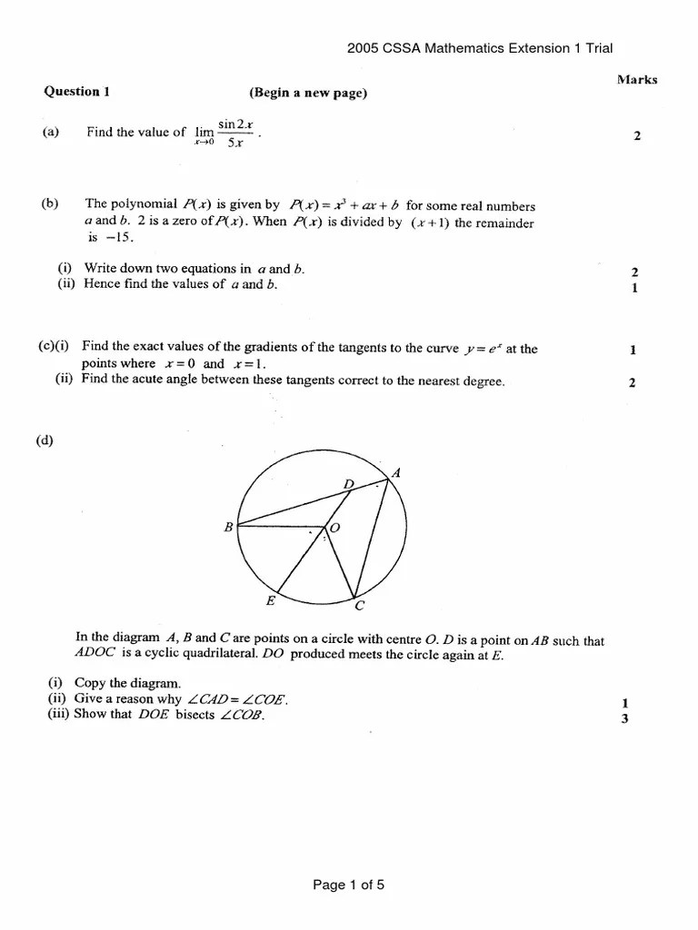 2005 Mathematics Extension 1 Trial Paper CSSA PDF
