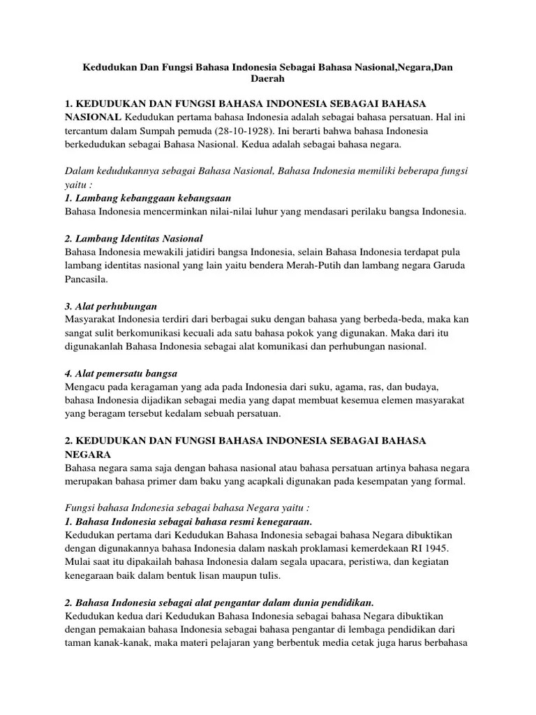 Kedudukan Dan Fungsi Bahasa Indonesia Sebagai Bahasa Nasional | PDF