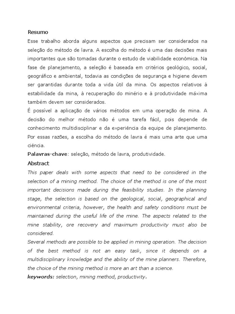 Resumo Palavraschave seleção, método de lavra, produtividade