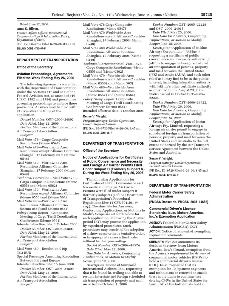 Notice Motor Carrier Safety Standards Commercial Driver's License