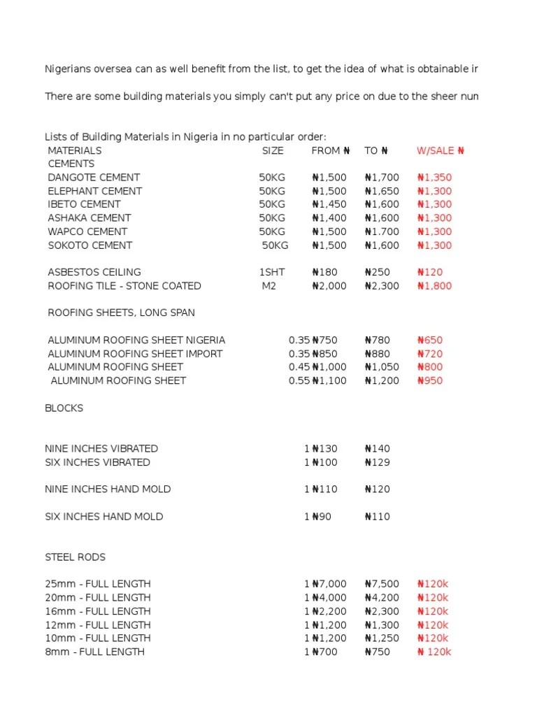 Price List For Building Materials PDF Building Materials Building