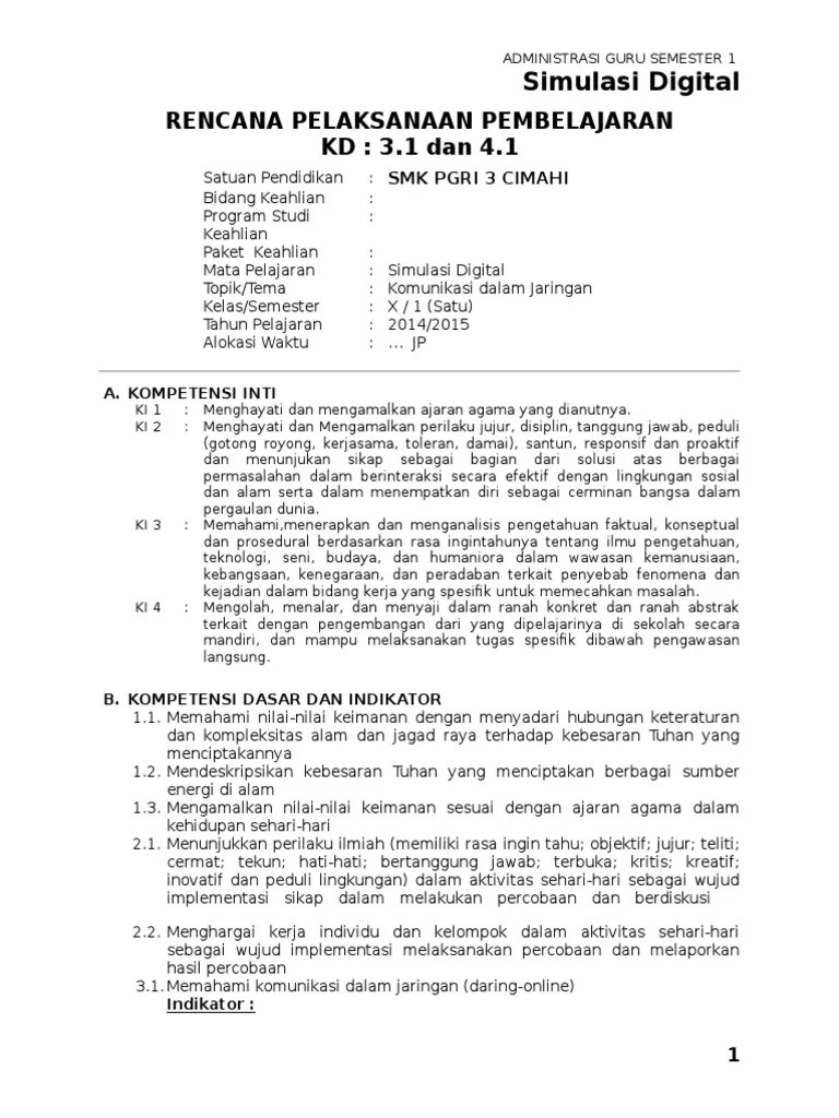 Rpp 1 Lembar Smk Tkj GURU SD SMP SMA