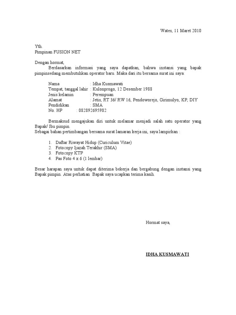 CONTOH SURAT LAMARAN PEKERJAAN DAN RIWAYAT HIDUP