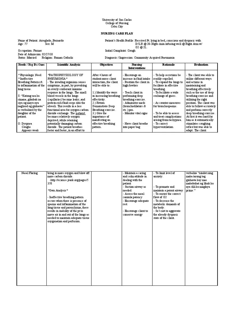 Nursing Care Plan & Drug Study Set 1 Pneumonia PDF Breathing