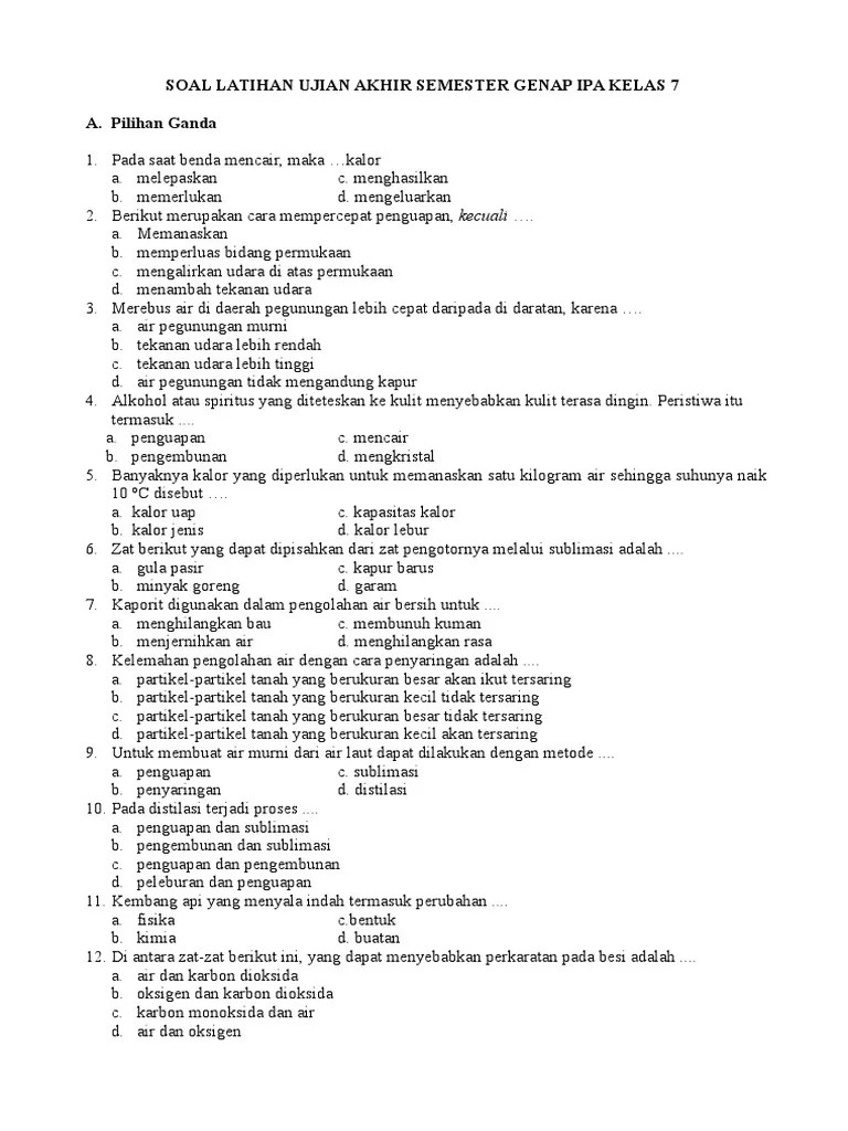 Soal Latihan Ujian Akhir Semester Genap Ipa Kelas 7 | Pdf