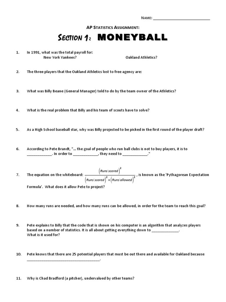 Moneyball Worksheet