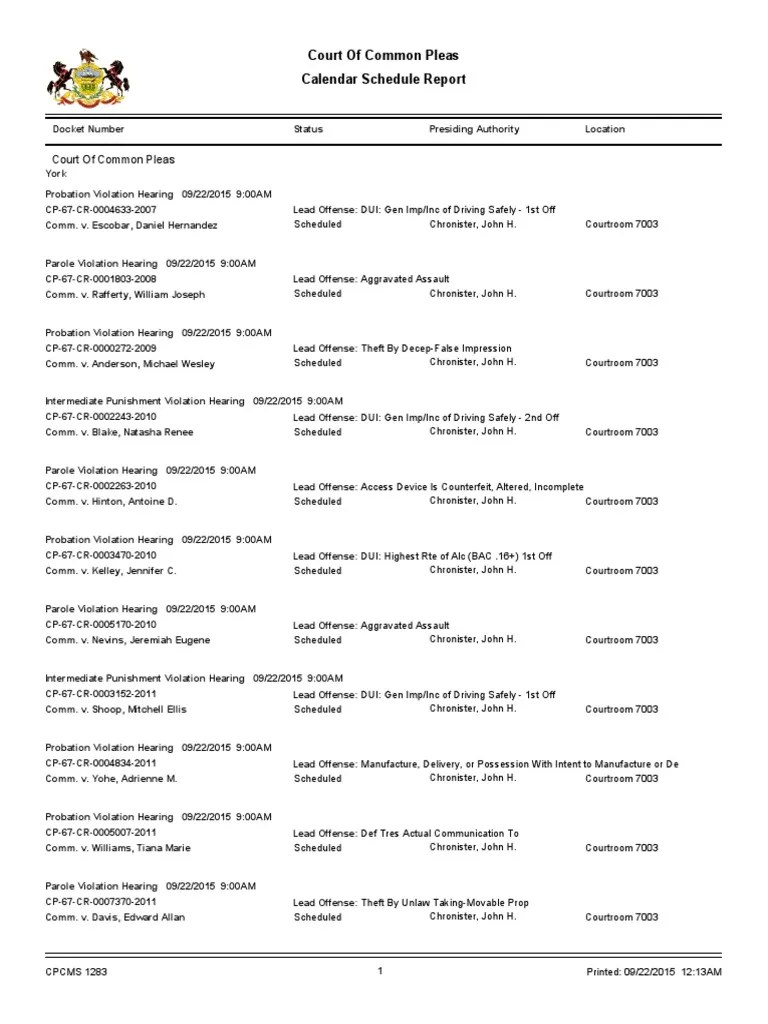 York County court schedule for Sept. 22, 2015. Probation Driving