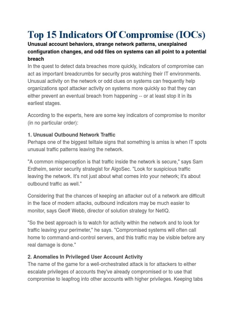 Top 15 Indicators of Compromise PDF Denial Of Service Attack Databases