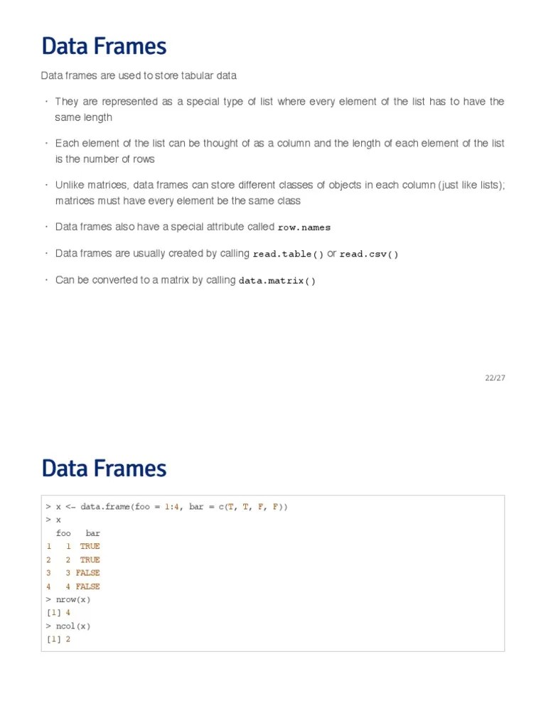 Data Frames Data Frames Row Names Read Table Read CSV Data