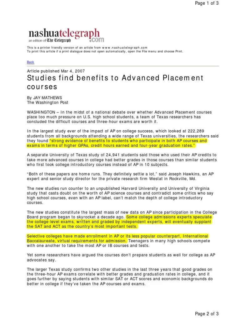 Studies Find Benefits in Advanced Placement Courses