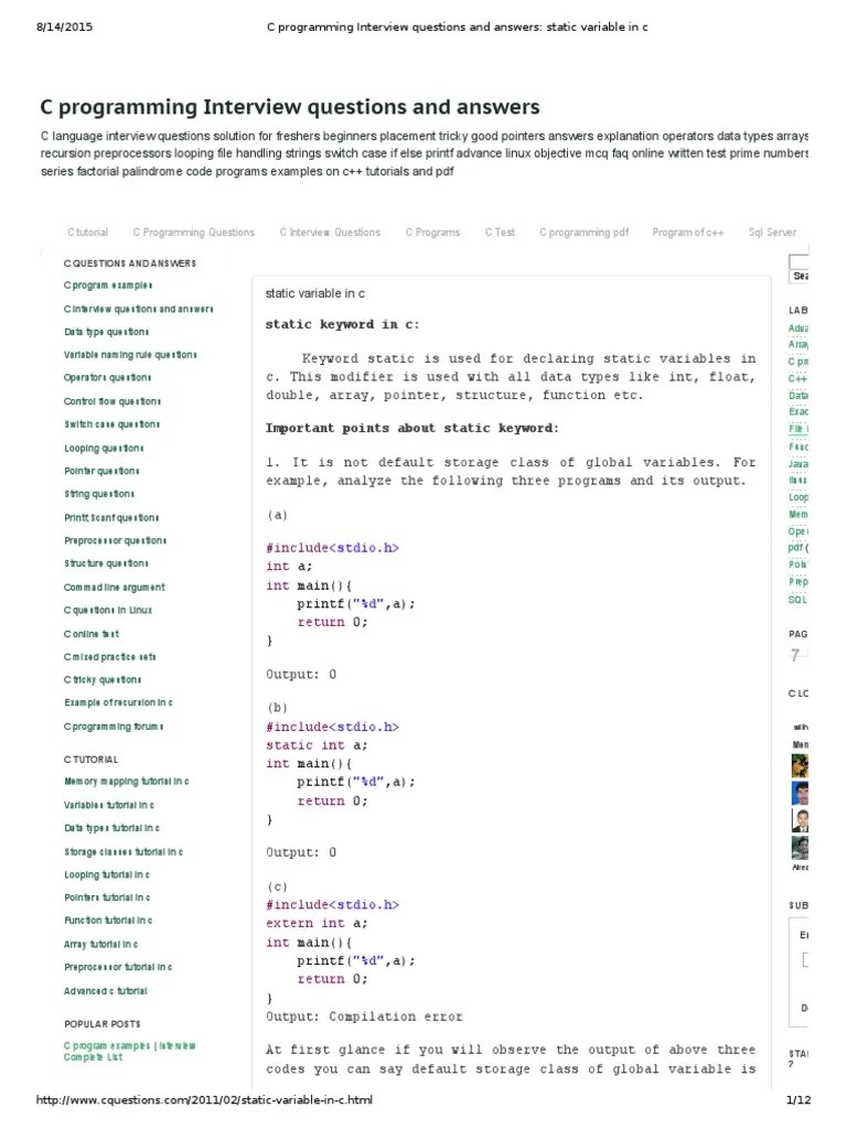 C Programming Interview Questions and Answers_ Static Variable in c C