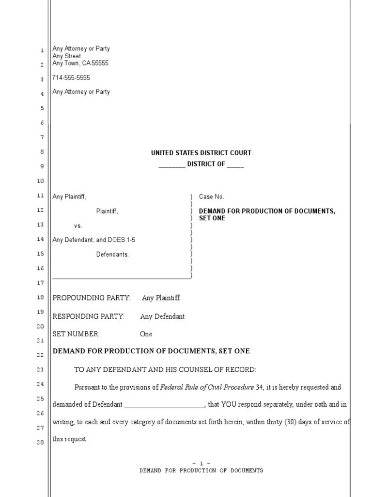 Sample Request For Production of Documents Under Rule 34 PDF