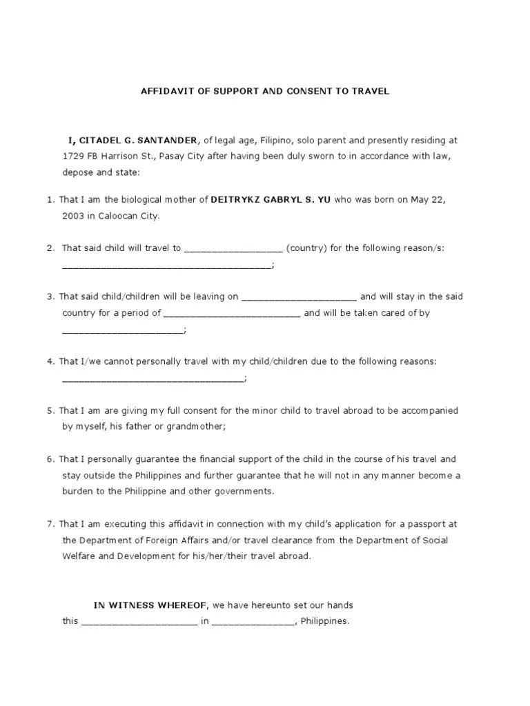 Affidavit of Support and Consent to Travel