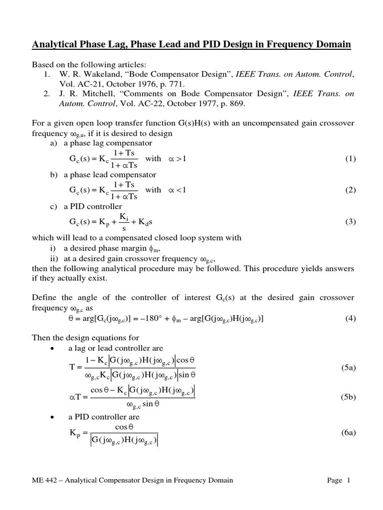 Analytical Phase Lag, Phase Lead and PID Design in Frequency Domain