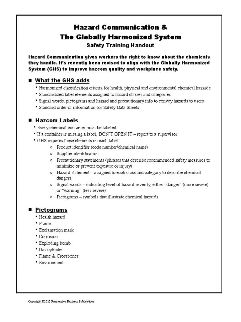 Hazcom Ghs Handout | PDF | Personal Protective Equipment | Safety