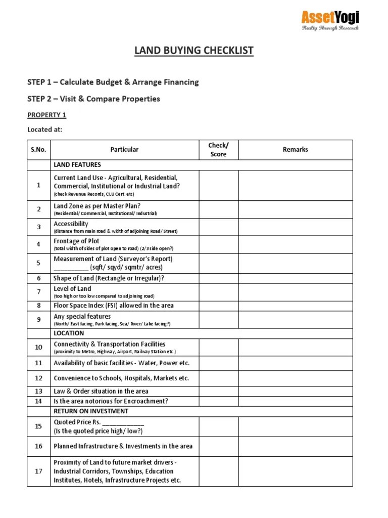 Land Buying Checklist Asset Yogi PDF Government Economies