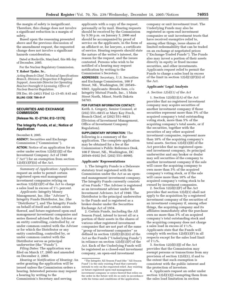 Notice Investment Company Act of 1940 Integrity Funds et