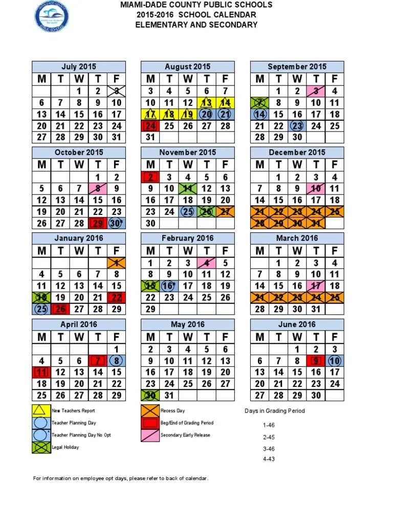 MDCPS 20152016 School Calendar PDF Academic Term Schools