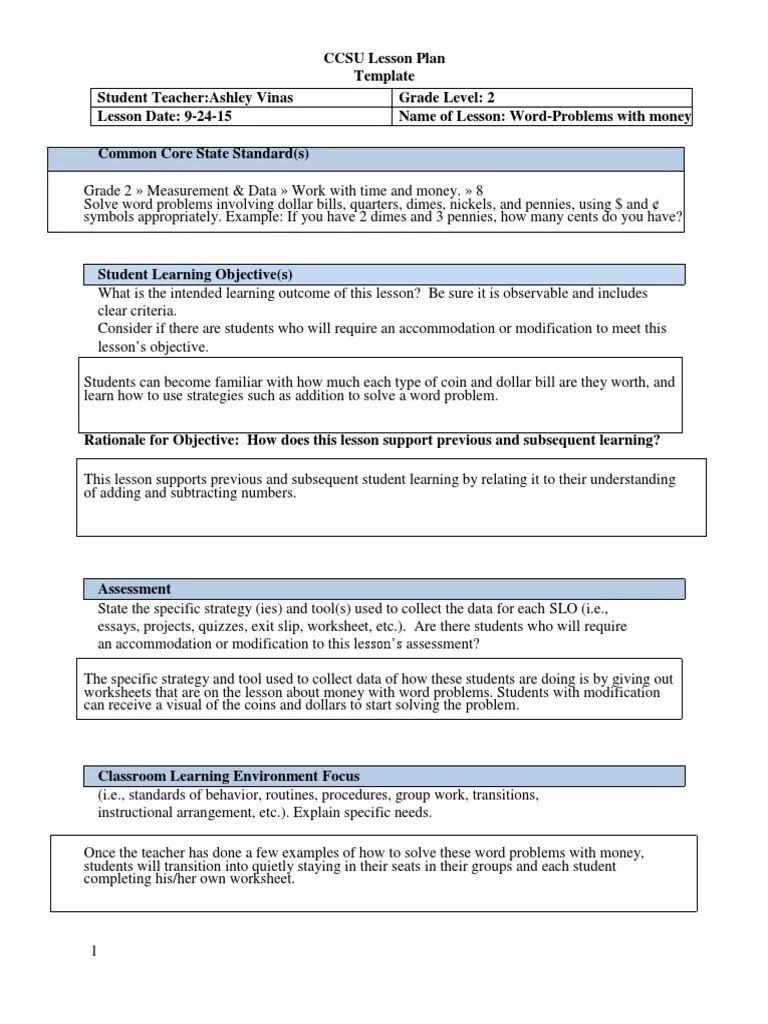 CCSU Completed LESSON PLAN Money Grade 2 Lesson Plan