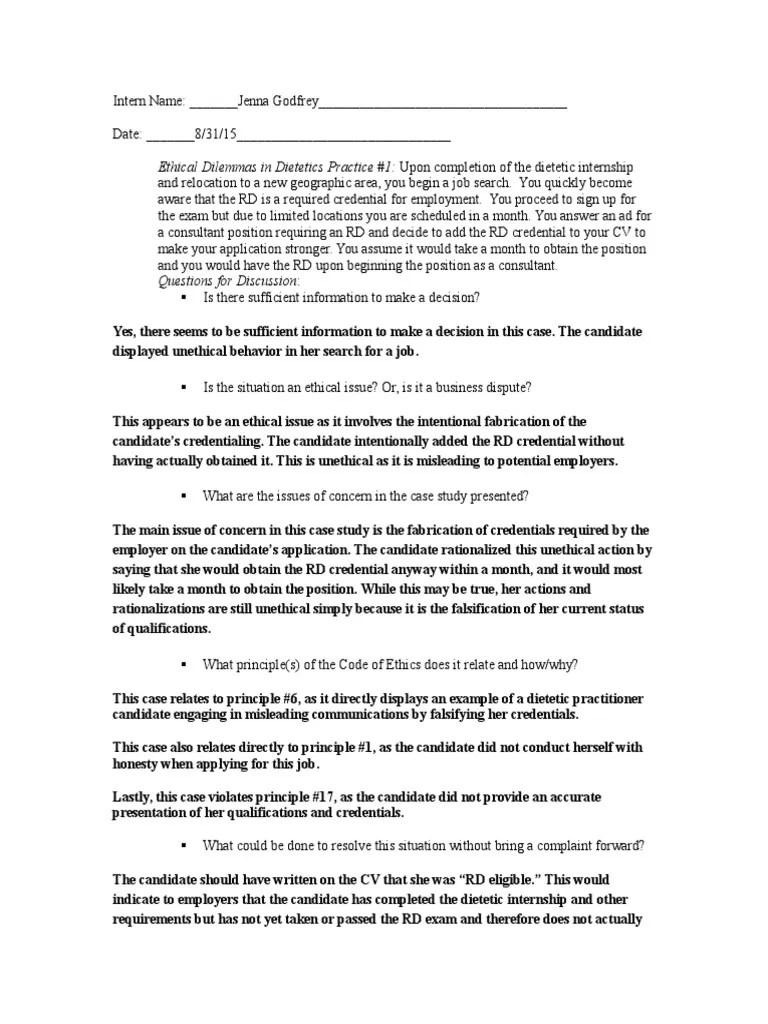 Ethics Worksheet 1 | PDF | Dietitian | Internship