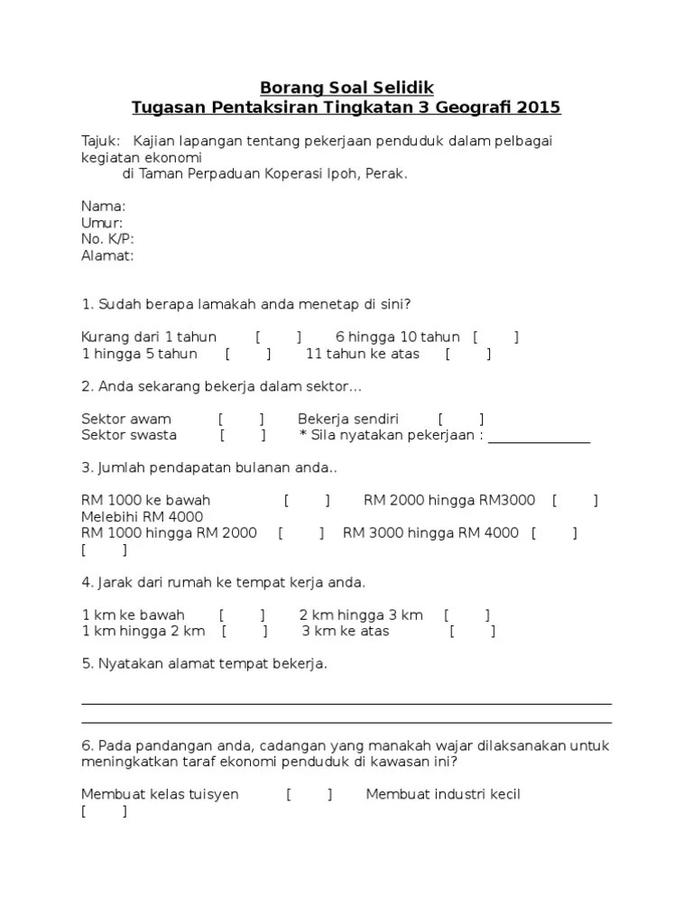 Contoh Borang Soal Selidik Geografi PT3 PDF