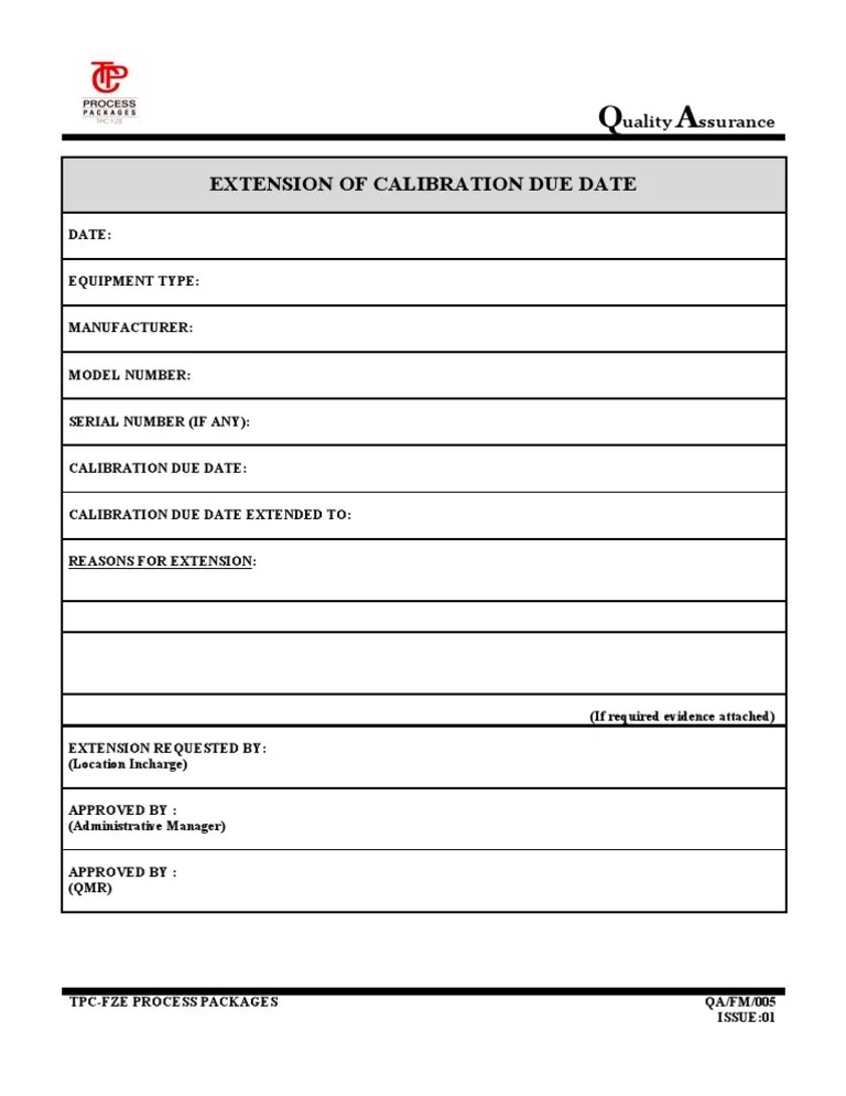 Qa/Fm/005Extension of Calibration Due Date PDF