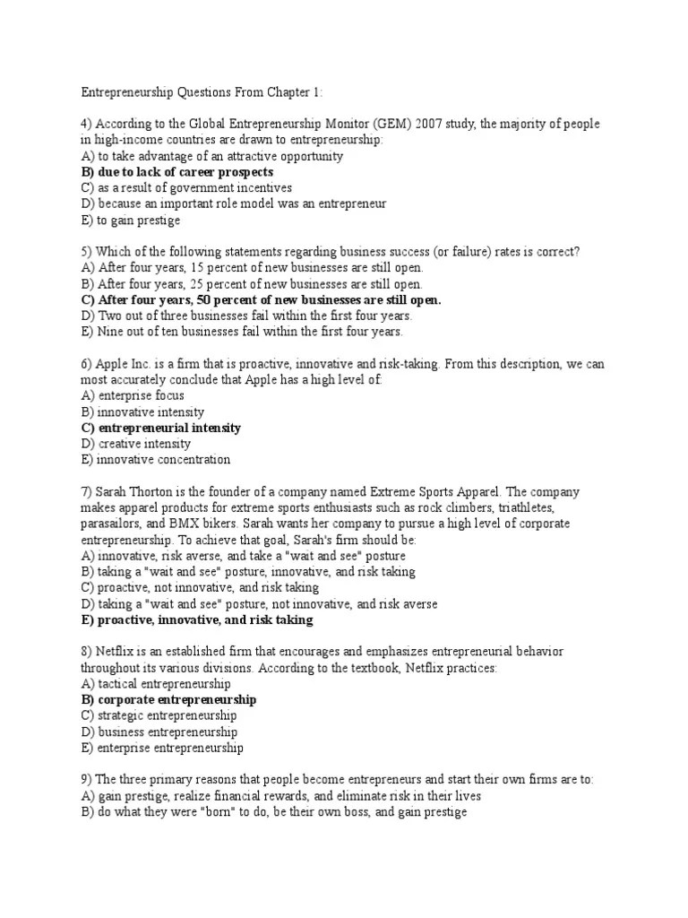 Entrepreneurship Questions From Chapter 1 | PDF | Small Business