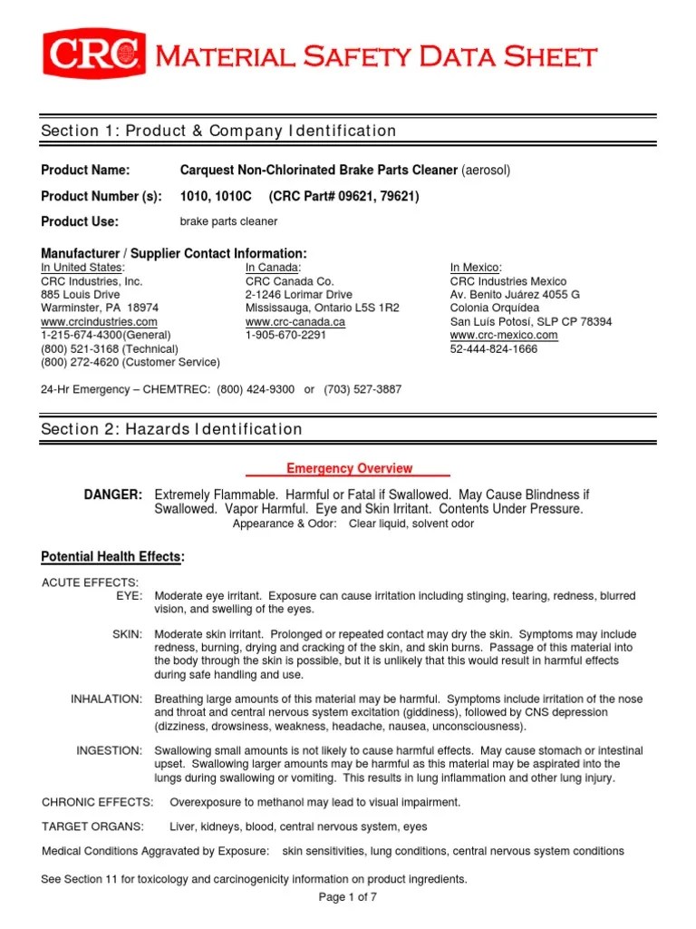 Car Quest NonChlorinated Brake Cleaner MSDS PDF Firefighting