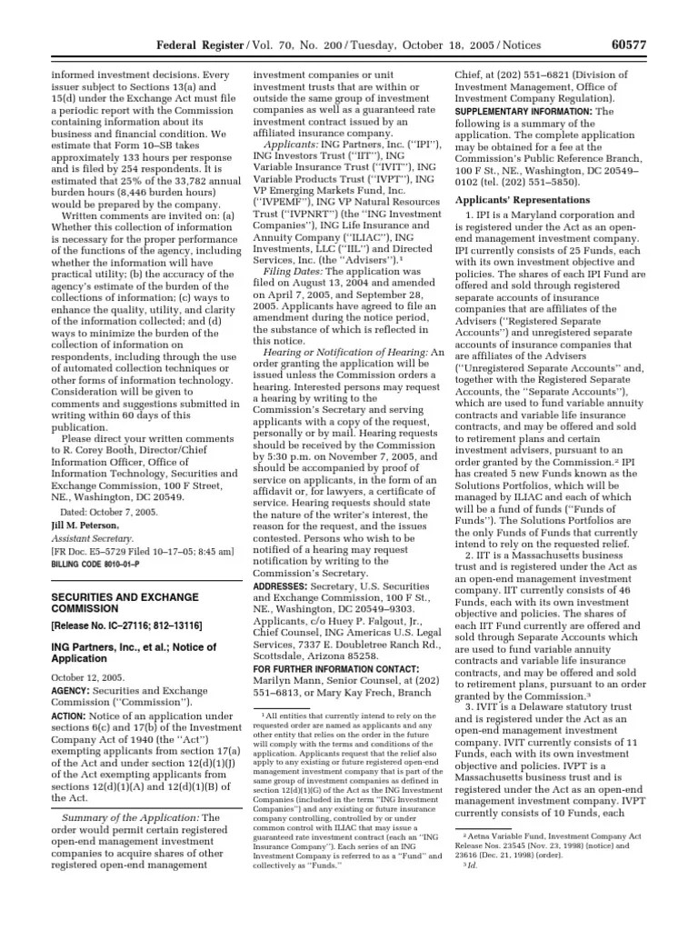 Notice Investment Company Act of 1940 ING Partners, Inc