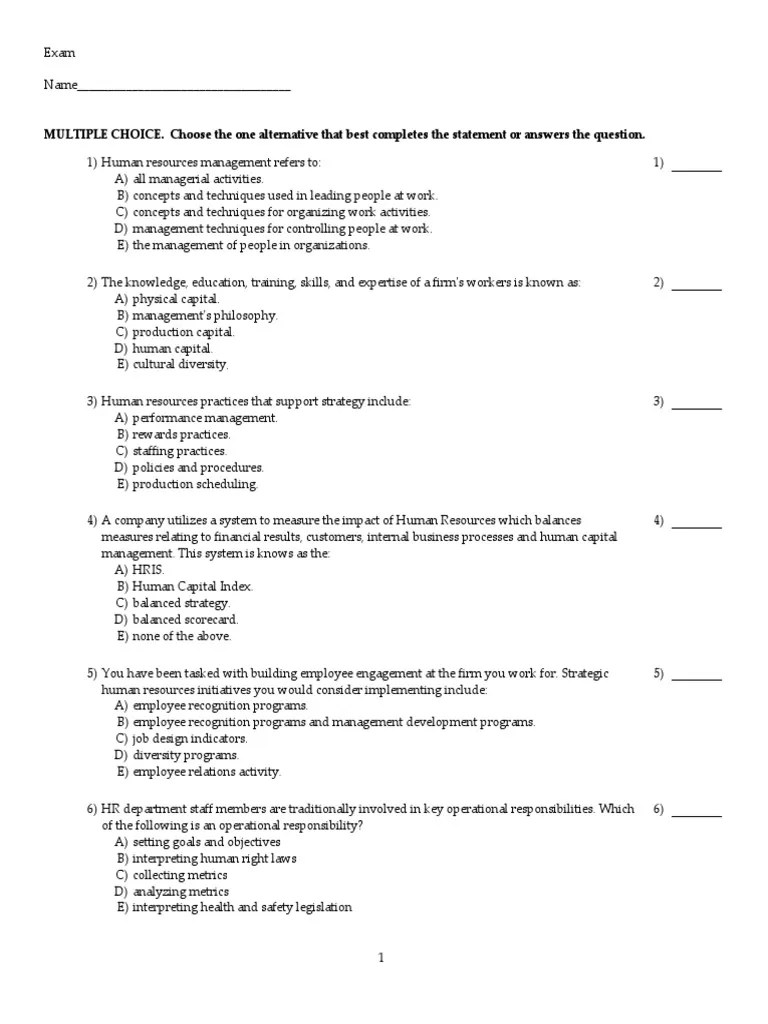 Practise HRM Exam Human Resource Management Employment