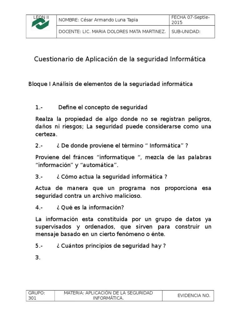 Cuestionario de aplicacion de la seguridad informÃ¡tica Archivo de