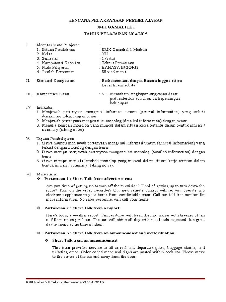 Rpp Kurikulum Ktsp Smk Bahasa Inggris Paud Berkarya