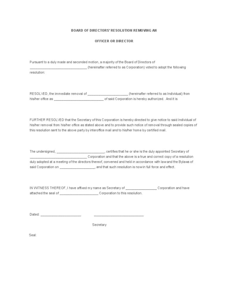 Board Of Directors' Resolution Removing An Officer Or Director Board