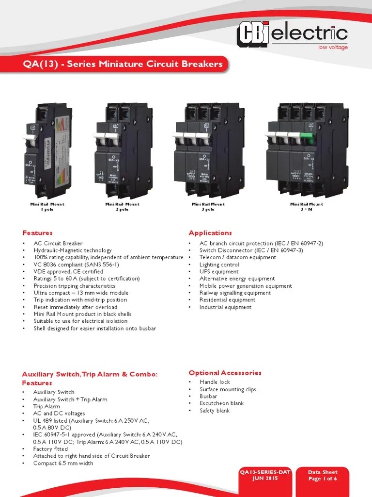 CBI QA (13) Series Circuit Breakers Data Sheet PDF Switch