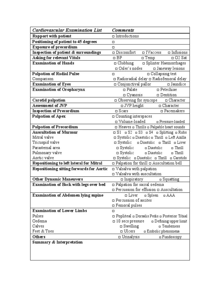 Cardiovascular Examination Checklist OSCE Pulse Heart Valve