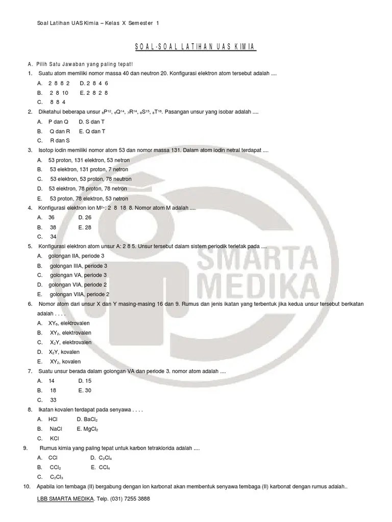 Soal Latihan UAS Kimia Kelas X SMA Semester 1