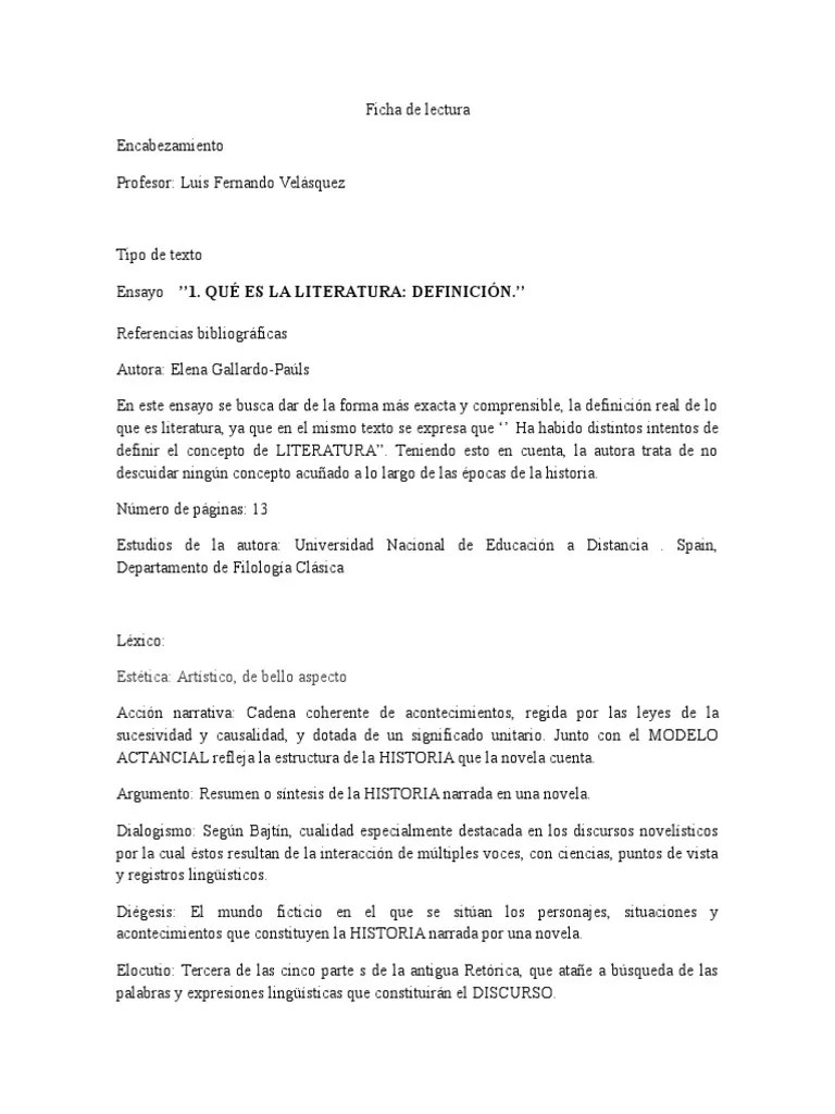Ficha de Lectura ''QUÃ‰ ES LA LITERATURA DEFINICIÃ“N'' Novelas Ensayos