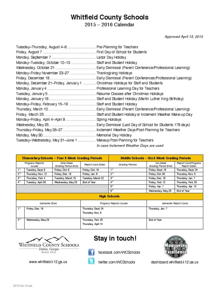 Whitfield County Schools 20152016 Calendar PDF