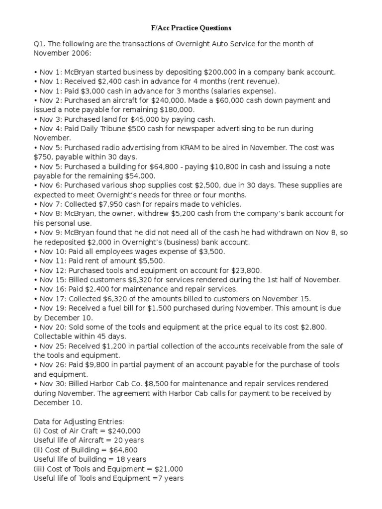 Financial Accounting Practice Problems Balance Sheet Expense