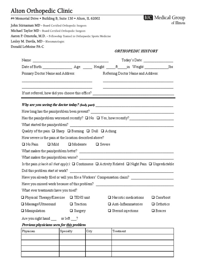 Orthopedic and Health History Forms Orthopedic Surgery Pain
