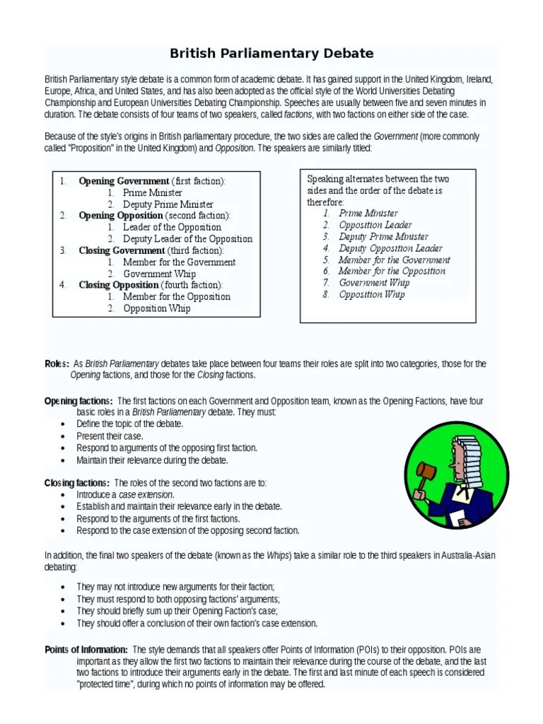 British Parliamentary Debate Definition Rules Political Communication