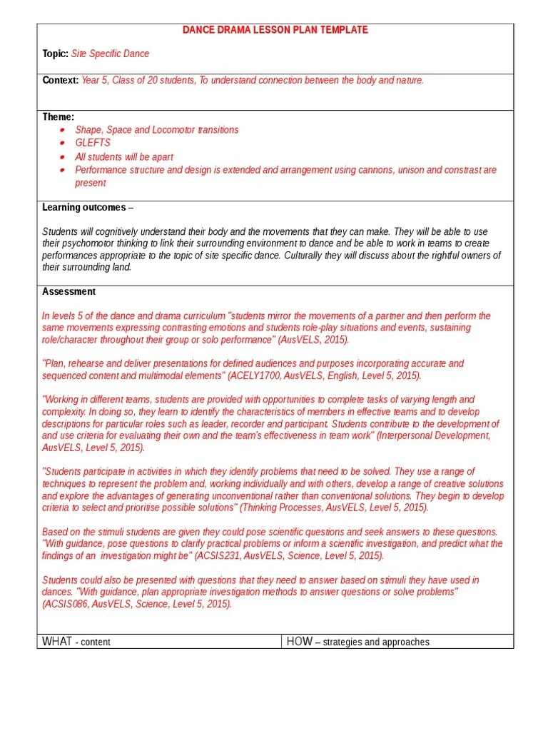 dance drama lesson plan template Lesson Plan Dances