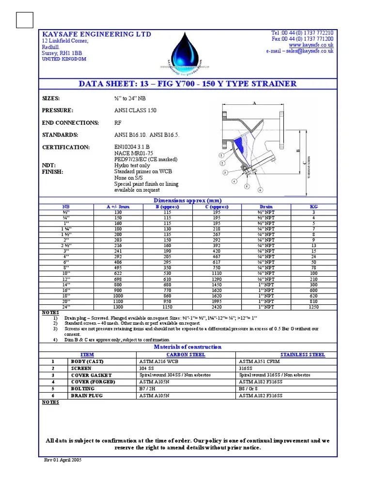 Kaysafe_data Sheet 13 Fig y700 150 y Type Strainer