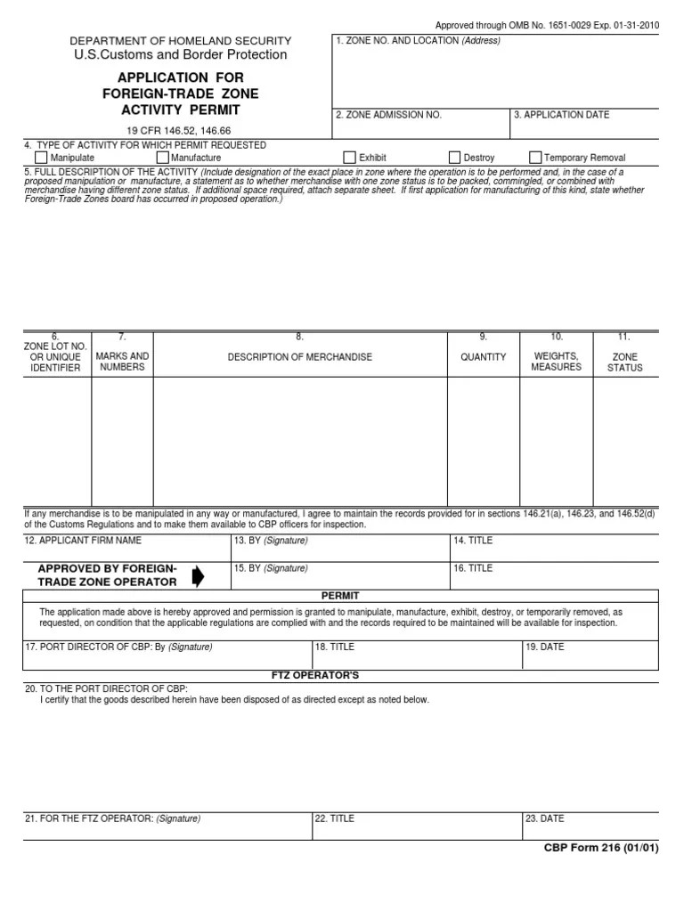U.S. Customs Form CBP Form 216 Application for ForeignTrade Zone