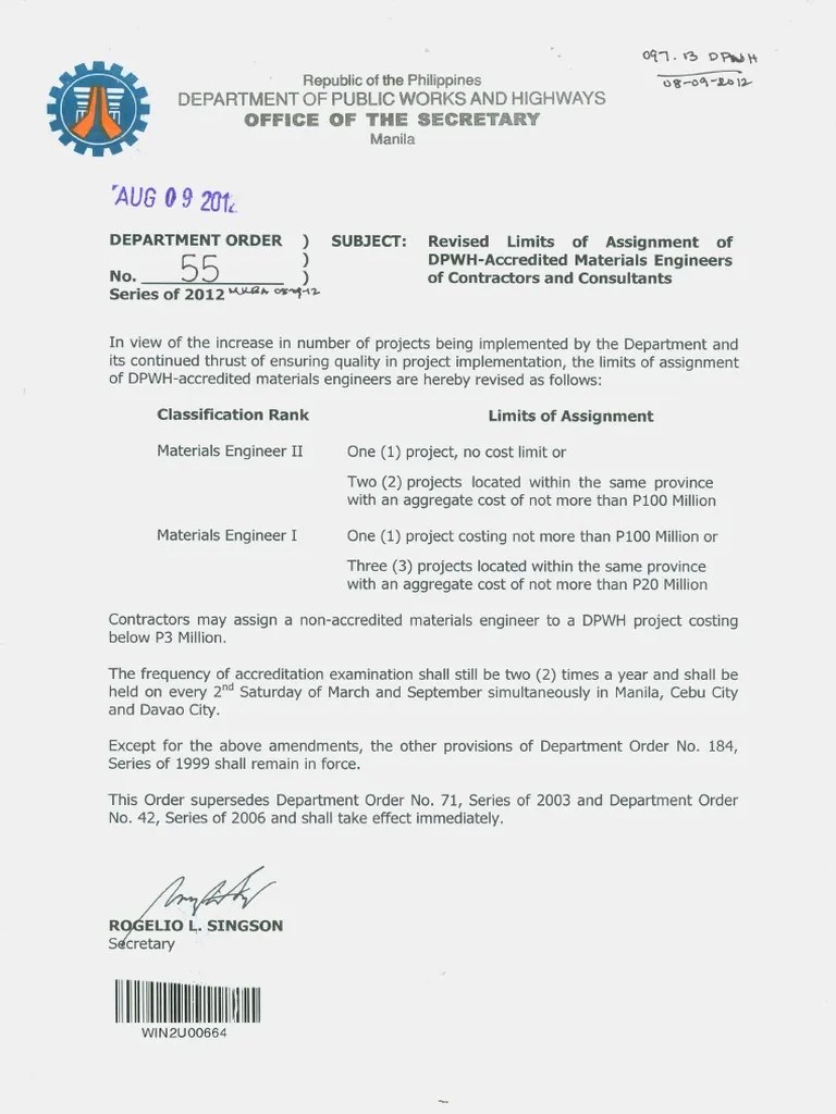 DPWH DO_055_S2012 Identity Document Engineer