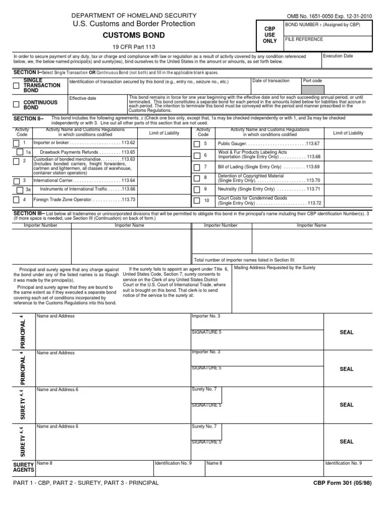 U.S. Customs Form CBP Form 301 Customs Bond U.S. Customs And