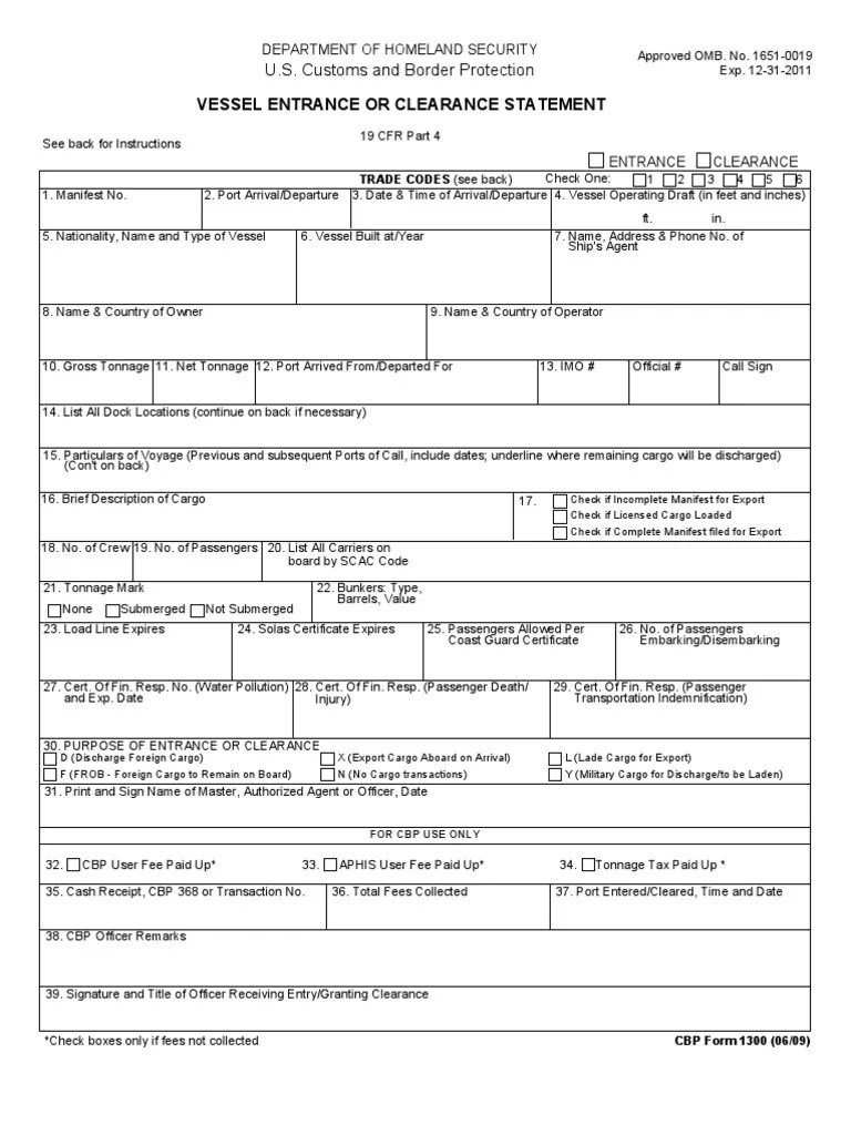 U.S. Customs Form CBP Form 1300 Vessel Entrance or Clearance